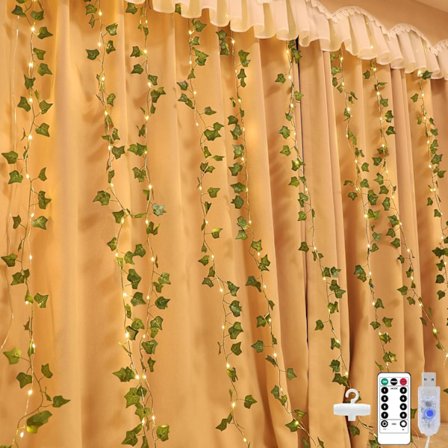 Bigzom Kunstig Eføy Lysgardin 2 x 2 m, Innendørs Eføy Lyslenker med 8 Moduser 10 Kroker IP65 for Bryllupsfest Romdekorasjon