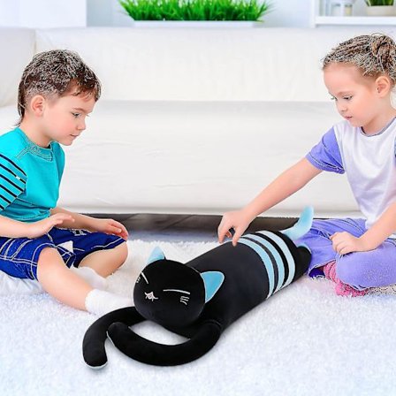 Svart Lång Katt Randig Nedåt Bomulls Plysch Leksak Djur Docka Mjuk Fylld Sov Leksak