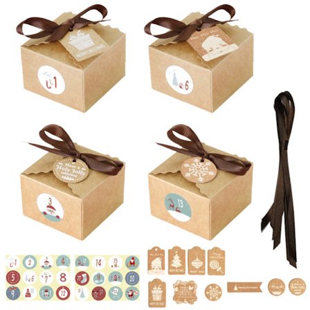 24 Set Jul 1-24 Adventskalender Kraftpapper Godisbox med Etiketter Klistermärken