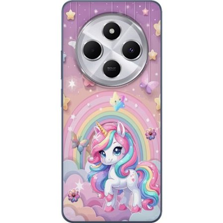 Kompatibel Mobilcover til Xiaomi Redmi 14C Magisk enhjørning med regnbue manke, stjerner og sommerfugle mod en pastelfarvet himmel med skyer