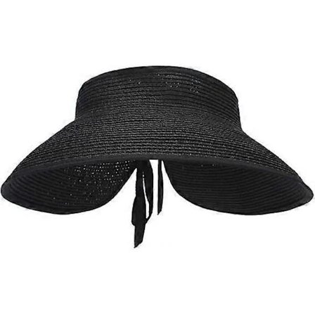 Store Strand Solhatter i Halm for Kvinner, Sammenleggbar Hatt med Bred Skygge for Damer, Visir Caps Bøttehatt med Rosett Svart