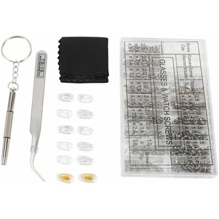 Sorterade skruvar i olika storlekar för klocka, ögonbågar, optiker, urmakare, reparationsverktyg