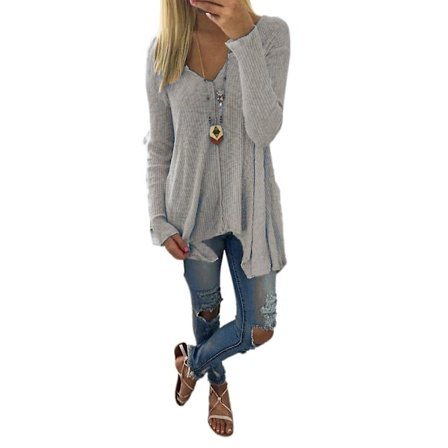 Kvinnor Långärmad V-ringad Vanlig tröja Tunika Pullover Casual Toppar