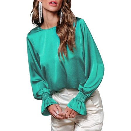 HAUFR Damebluser Pæne Afslappede Rundhals Flæse Boble Langærmede Skjorter Ensfarvede Satinbluser Green_yu