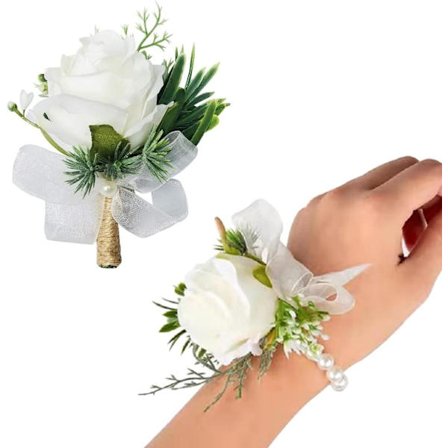 2 stk, hvite rose håndleddsblomster og corsage sett for menn, corsage og håndleddsblomster armbånd rose bryllupsblomstertilbehør