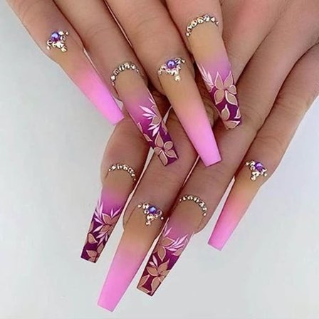 Kunstige ekstra lange tryk på negle, Rhinestone Pink falske negle med glitter Ac