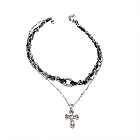 Lær dobbeltkors halskjede med diamanter, designer halskjede