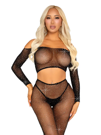 Rhinestone Fishnet Crop Top & Legging Black - Vuxen.fi - Seksikkäät vaatteet - Leg Avenue