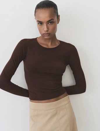 Mango Fine-Knit Fitted Sweater - Brown - M