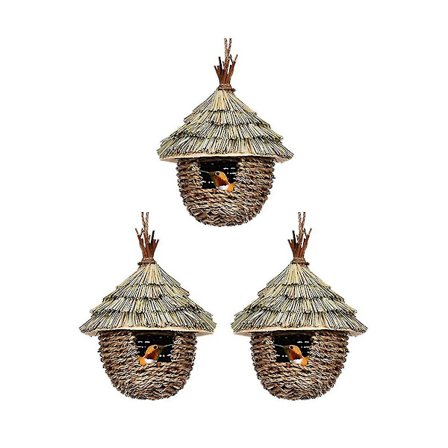 Fuglehus, 3 stk. håndvævet hængende kolibriehus til redebygning, naturligt græsfuglerede til have, terrasse