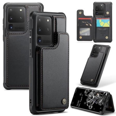 CASEME C22 -sarja Samsung Galaxy S20 Ultra -kotelolle Nahka+TPU-puhelinkotelo 5 korttipaikalla Black