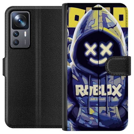 Kompatibelt Lommeboketui til Xiaomi Xiaomi 12T Pro Blågul Roblox hettegenserfigur med minimalistisk neonstil og masket ansikt, moderne spillillustras