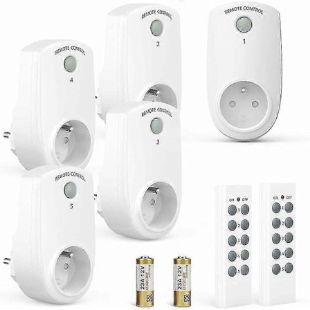 Sarja, jossa 5 ohjelmoitavaa pistorasiaa, langaton kauko-ohjattava pistorasia 2 kauko-ohjaimella