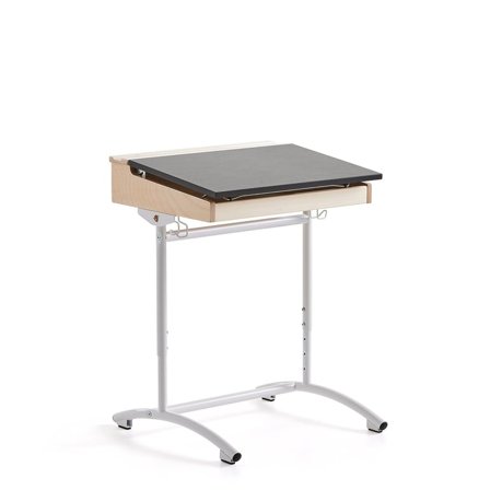 Elevbord ACCESS, L650 B550 mm, stillbar høyde, understell hvitt, lyddempende linoleum, mørk grå/bjør