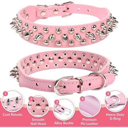 Hundehalsbånd – Blødt PU-læder med sjove svampe, nitter og pigge, justerbart udendørshalsbånd til små