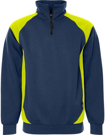 Arbetskläder Fristads Herr Green sweatshirt med kort dragkedja 7048 GSM, Marinblå/Neongul