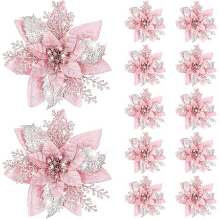 12-pakning med 5,7-tommers juleglitter kunstige blomster, klips-på juletrepynt, perfekt for hjemmekranser og festdekorasjoner