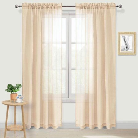 Beige tyllgardiner, halvtransparente gardiner med stang for soverom og stue, 137 x 213 cm lange, sett med 2