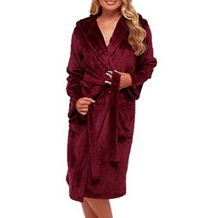 Burgunderröd fleece morgonrock med huva för dam, nattkläder, 4XL