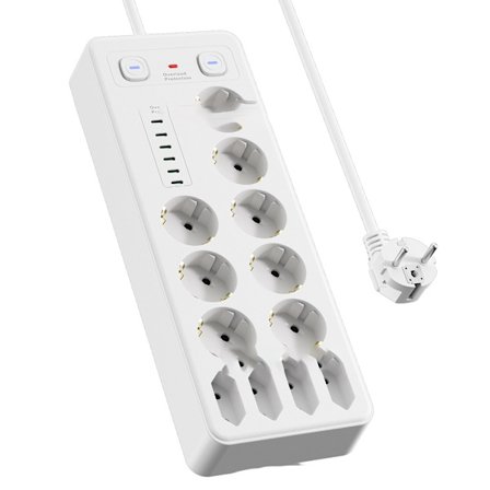 Europeisk Grenuttag med USB & Type-C Portar, Överbelastningsskydd, 18 Uttag, 1 USB, 5 Type-C, 1.8m Sladd