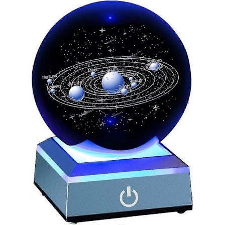 3D Sol System Model Krystalkugle Lasergraveret Hologram med Lysende Base Planet Model Videnskab Astronomi Læringslegetøj