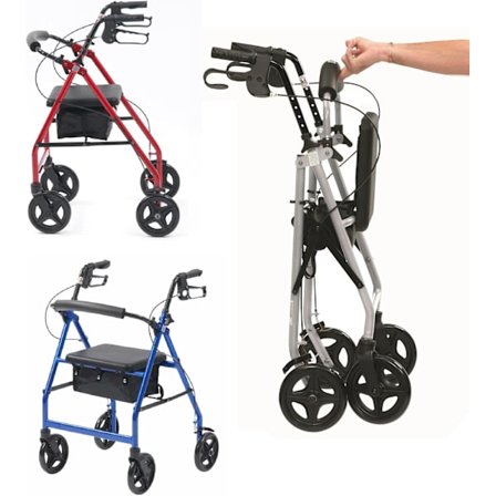 Ultralett sammenleggbar rollator med hjul, gåramme med bremser, sete og veske (rød)