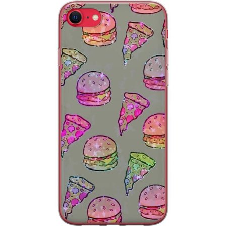 Kompatibelt Mobildeksel til Apple iPhone SE (2020) Holografiskt mønster med pizzastykker og hamburgere i regnbueglitter - moderne matdesign i neonsti