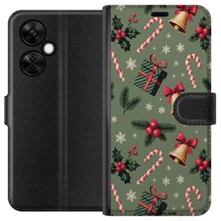 Yhteensopiva Lompakkokotelo OnePlus Nord CE 3 Lite Joulumotiivi, jossa on karkkipuikkoja, kelloja, lahjoja ja lumikiteitä juhlallinen kuviointi suunni