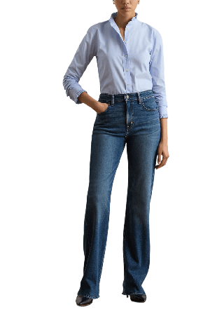 Lauren Ralph Ruffle-Trim End-on-End Cotton Shirt Skjortor Dam Blå L