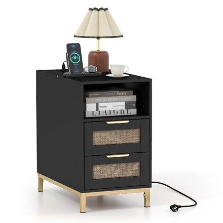 Yöpöytä latausasemalla, 2 laatikkoa, rottinkia ja puuta