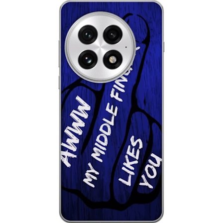 Kompatibel Mobilcover til OnePlus 13 Mørk typografisk illustration med hjerteform og budskab om venskab mod dybblå trætekstur