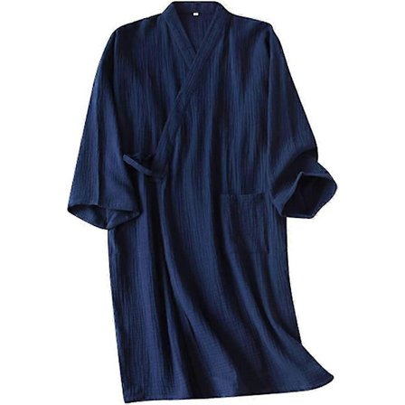 Kimono morgenkåbe til mænd, bomuldskåbe, svedabsorberende dragt, badekåbe, langærmet pyjamas, hjemmetøj, pyjamas. Marineblå 3XL—max
