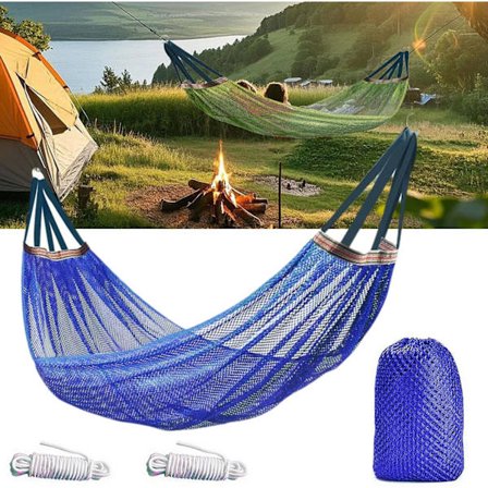 Hængekøje til camping, bærbar og letvægt med træstropper - 260 x 130 cm nylonnet hængekøje understøtter 200 kg, til udendørs brug, backpacking