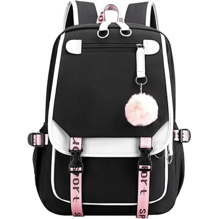 Backpack for Teenage Girls with USB Charging Port School Outdoor Backpack White and Black