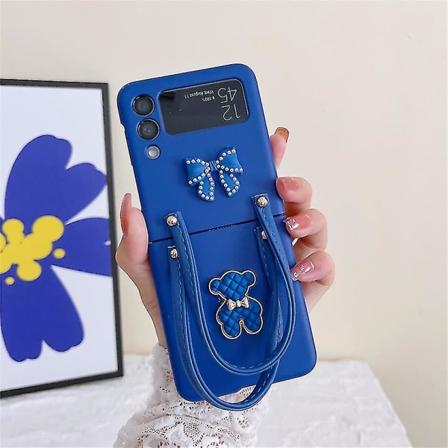3D-rusettikarhu-kotelo, yhteensopiva Samsung Galaxy Z Flip 4 5g:n kanssa, rannekkeellisella hihnalla, taittuva, iskunkestävä takakansi Blue