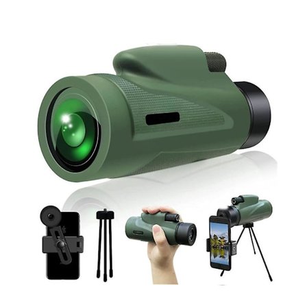 Grønn 12x50 HD Vanntett Monokulært Teleskop med Telefonholder og Stativ for Konserter, Jakt, Fugletitting og Reise