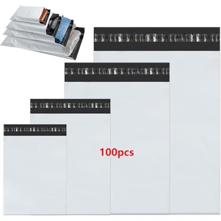 Plastposer for Forsendelse, 100 stk 4 Størrelser Assortert Hvite Forsendelsesposer Selvtettende Lim Emballasjeposer Vann- og