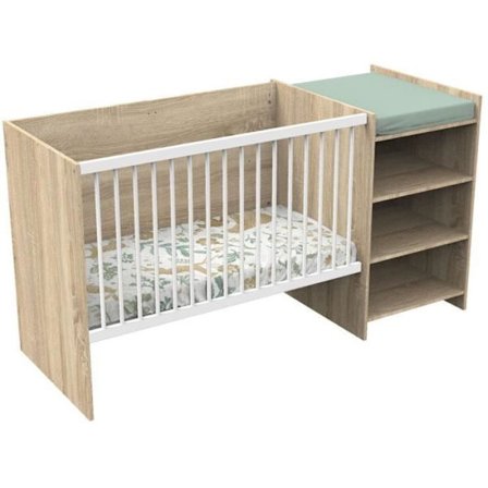 Kombinerad babysäng - 120x60cm - Konvertibel till 90x190cm - Babyprice Up - Trädekor - Med skötbord och hylla