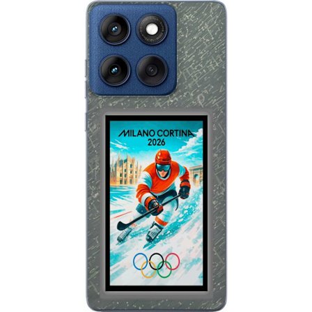 Yhteensopiva Puhelinkuori Motorola Edge 60 Curlingkuvitus pelaajilla ja kivillä jäällä, Milano Cortina 2026, lumisia roiskeita ja olympiasormukset