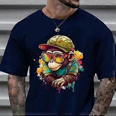 Ny Sommar Herr Mode T-shirt Kreativ Tecknad Djur Apa Tryckt Herr T-shirt Topp (L marinblå)