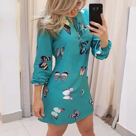 Kvinnor Fjärilstryck Lång Print Spets Upp Casual Miniklänning