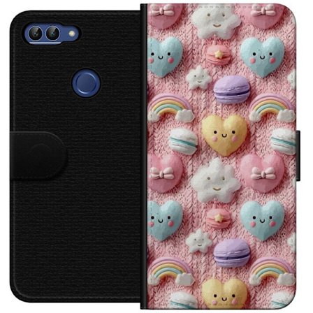 Yhteensopiva Lompakkokotelo Huawei P smart Pastellimotiiivi sydämillä, pilvillä, sateenkaarilla ja makaronseilla vaaleanpunaisella taustalla suloisess
