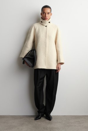 COS Women's Funnel Neck Wool Herringbone Short Coat in Beige
