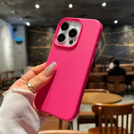 Fodral för iPhone 16 [Rosröd] Imitationsläder litchimönster mjukt skal Pebbled Full-Body mjukt PU-läder