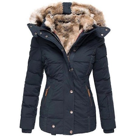 Marineblå vinterfrakke til kvinder med hætte og imiteret pels, varm afslappet overtøjsjakke [JUN]
