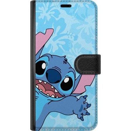 Kompatibelt Lommeboketui til Samsung Galaxy A36 Leken illustrasjon av Stitch som strekker seg mot kameraet på lyseblå blomstret bakgrunn