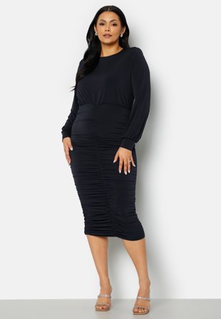 John Zack Curve Long Sleeve Rouched Midi Dress Navy Klær