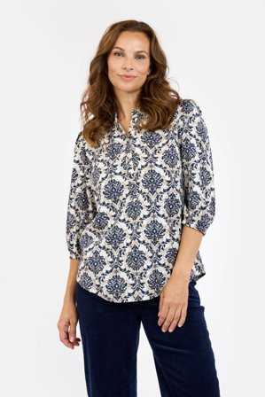 BRANDTEX - 3/4 Ærmet Bluse - Navy / Sand Mix - Mønstret