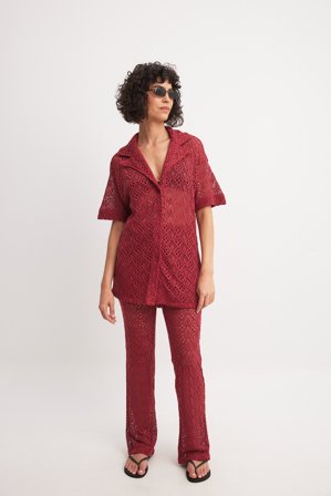 NA-KD Virkade lösa byxor med mellanhög midja - Stickade byxor - Röd - S