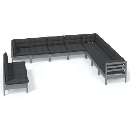Vidaxl Loungegrupp Med Dynor 10 Delar Grå Massiv Furu Grå
